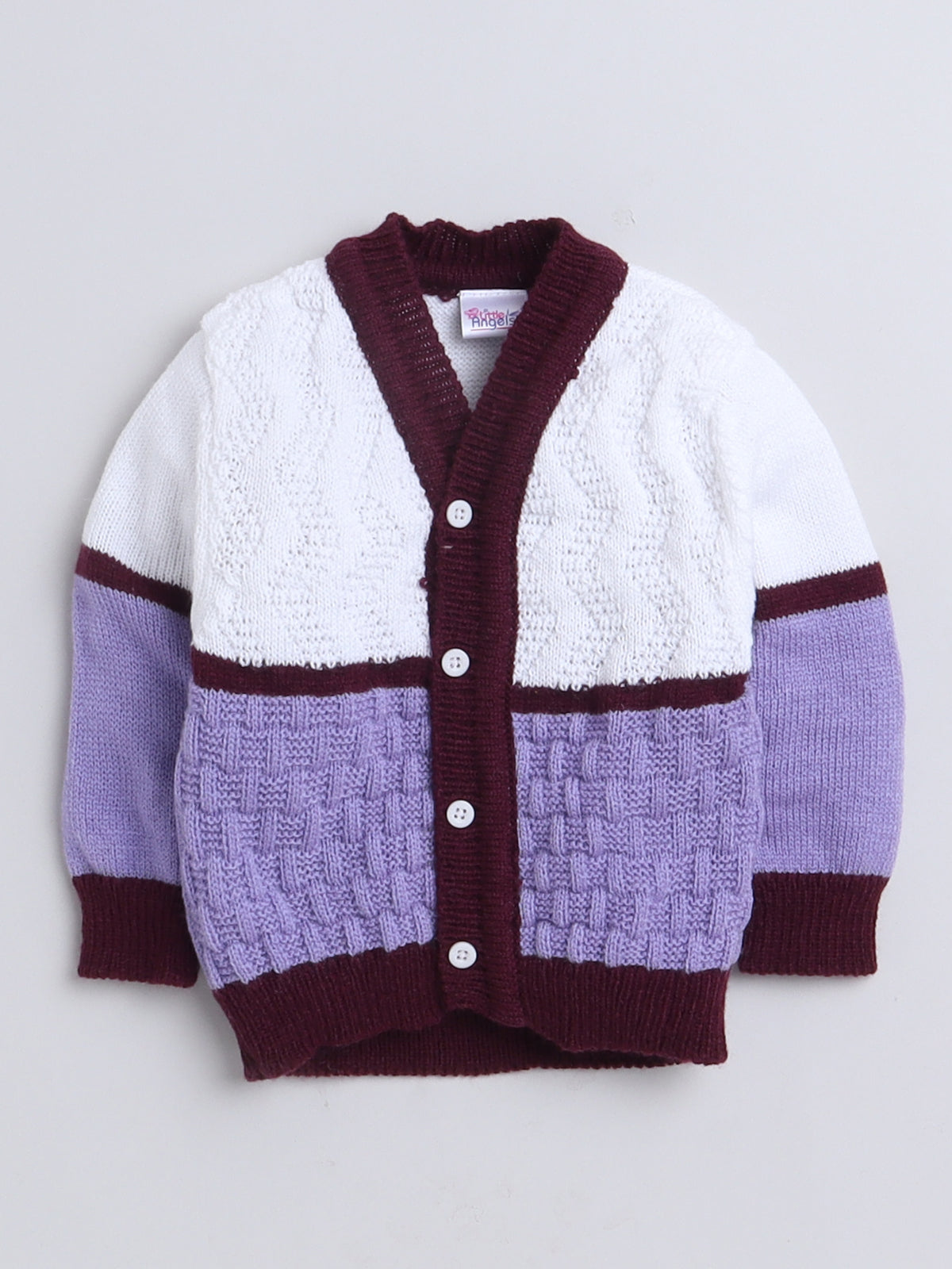 3 Pcs Sweater Full Sleeve Front Open Lotus Knit White and Violet with Matching Caps and Socks for Baby