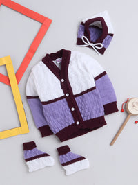 3 Pcs Sweater Full Sleeve Front Open Lotus Knit White and Violet with Matching Caps and Socks for Baby