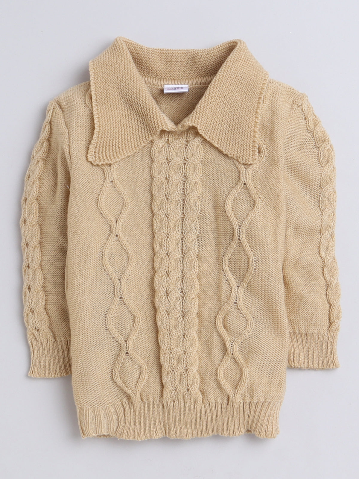 Little Angels Cozy Cable Knit Collared Pullover Set - Beige Sweater with Pant