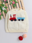 Charming Cream Baby Pullover Sweater with Jacquard Knit Engine Pattern