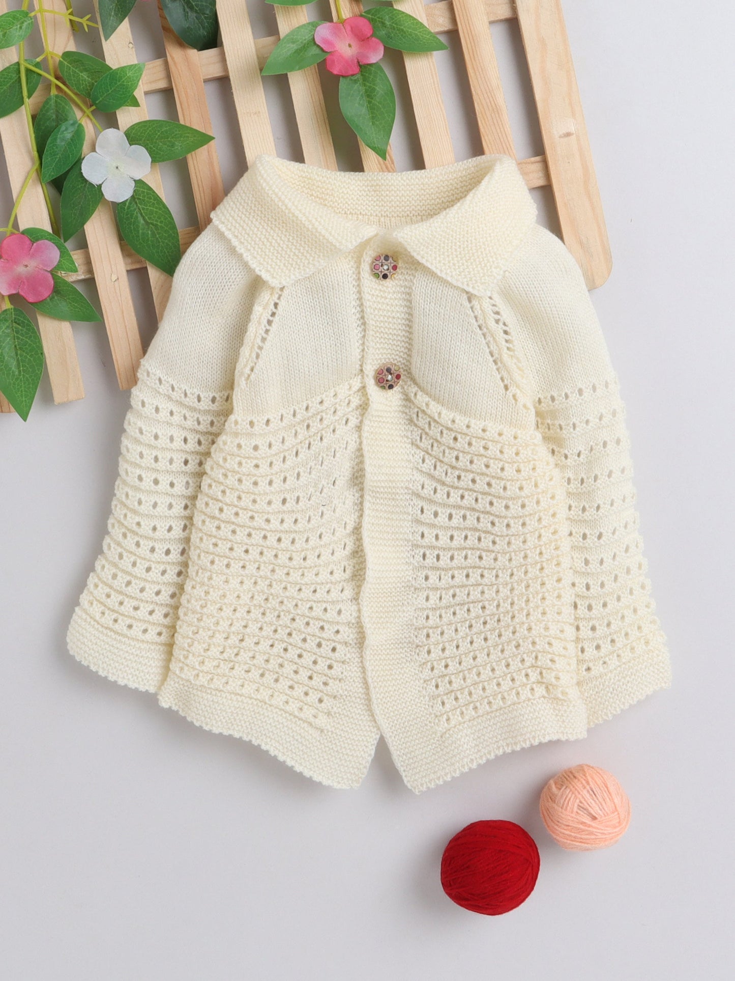 Elegant Cream Baby Girl Cardigan Sweater with Collar Neck