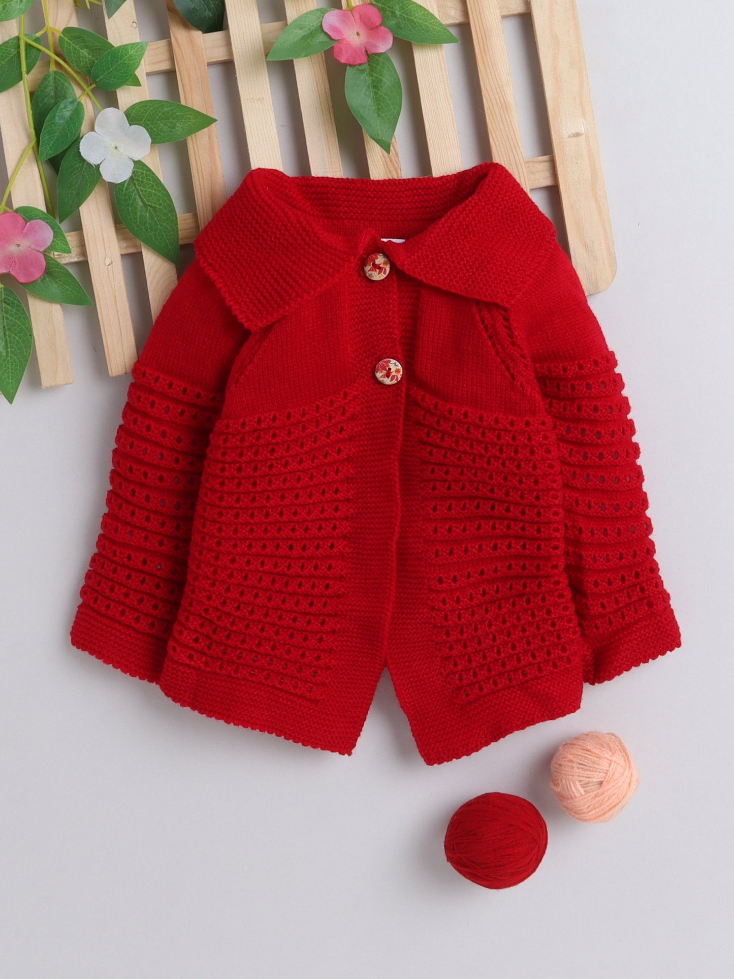 Elegant Red Baby Girl Cardigan Sweater with Collar Neck