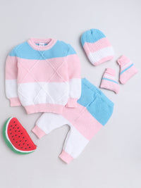 4 Pcs Sweater Full Sleeve Colorblock pattern with matching caps, Socks and Pants for baby