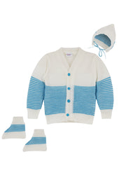 Full sleeves front open blue color sweater with matching cap and socks for baby