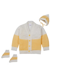 Front Open yellow color sweater with matching cap and socks for baby