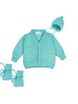 Green Color Full Sleeve Self Design Sweater with Cap and Socks