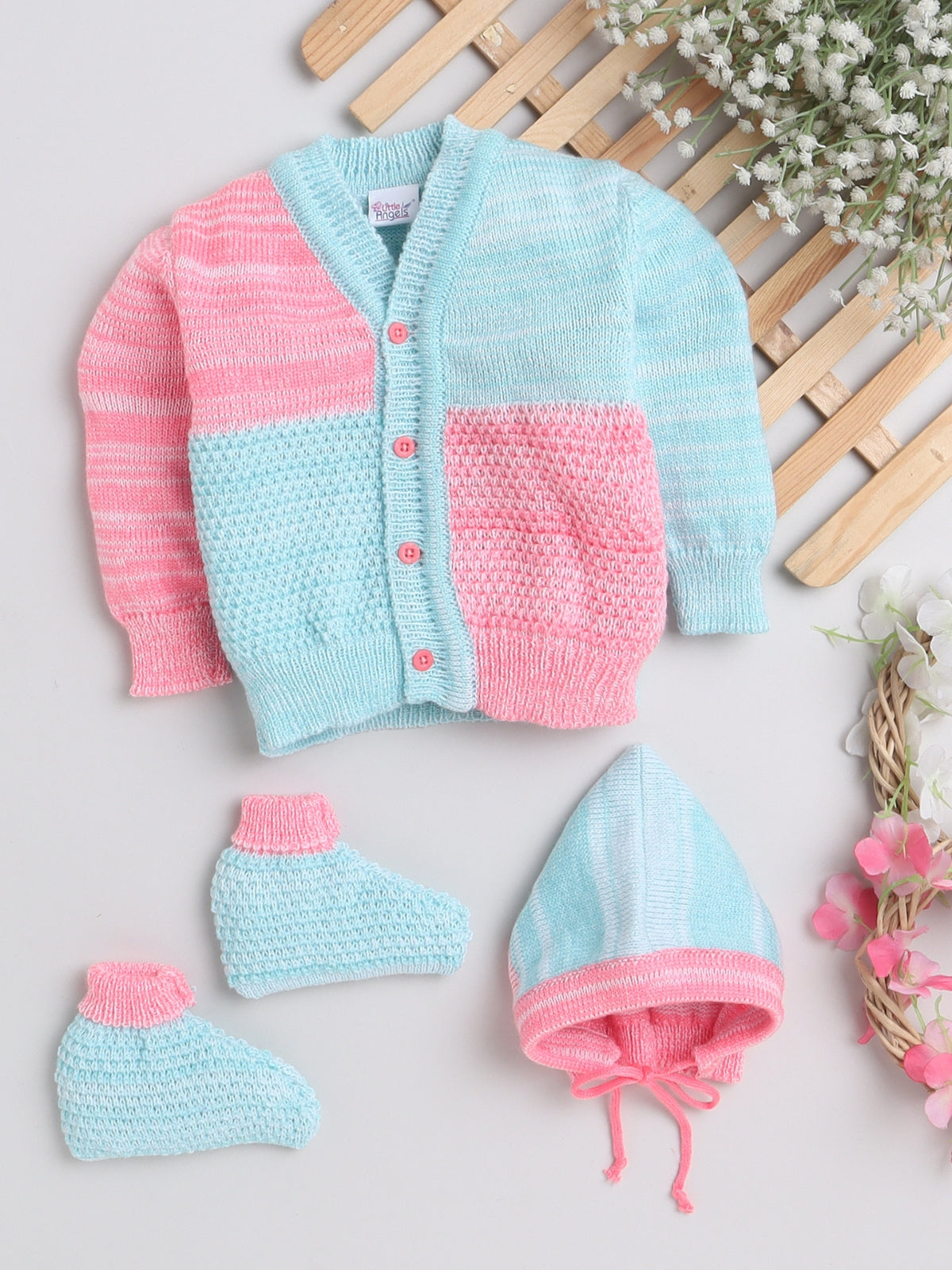 Front open Green And Pink color sweater with matching cap and socks for baby