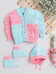 Front open Green And Pink color sweater with matching cap and socks for baby